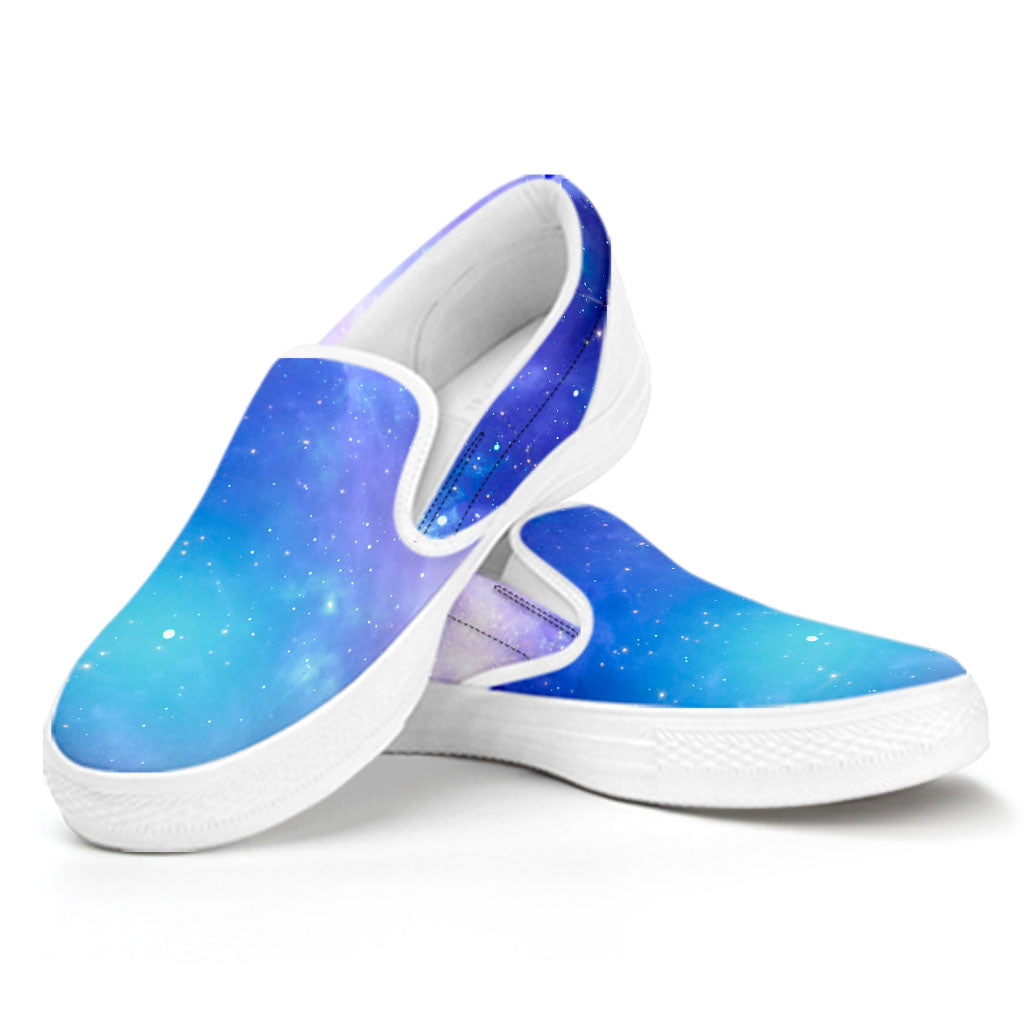 Blue Light Nebula Galaxy Space Print White Slip On Sneakers