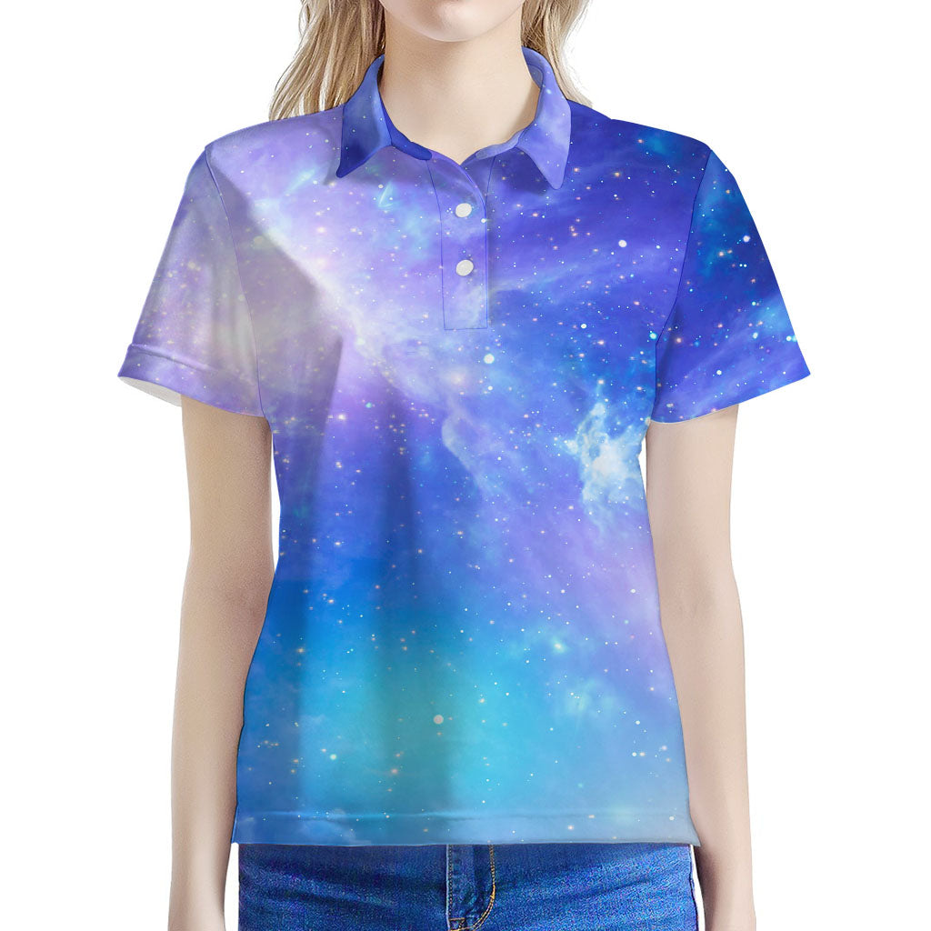Blue Light Nebula Galaxy Space Print Women's Polo Shirt