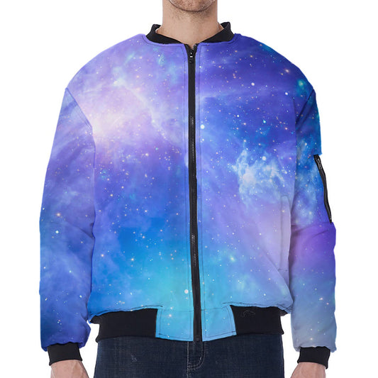 Blue Light Nebula Galaxy Space Print Zip Sleeve Bomber Jacket