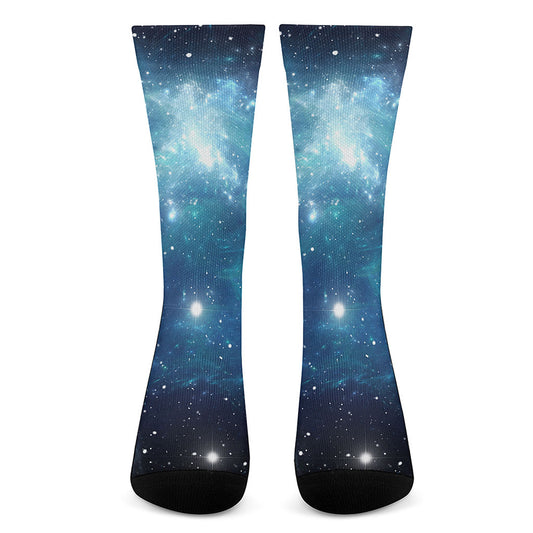 Blue Light Sparkle Galaxy Space Print Crew Socks