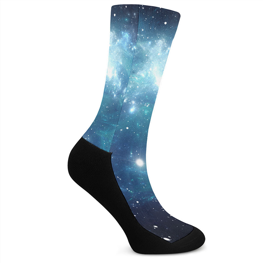 Blue Light Sparkle Galaxy Space Print Crew Socks