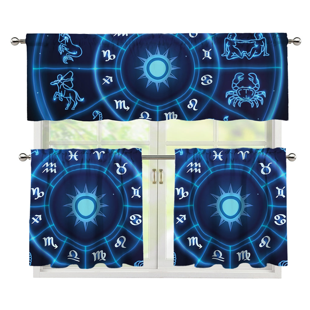 Blue Light Zodiac Circle Print 3 Piece Kitchen Curtains