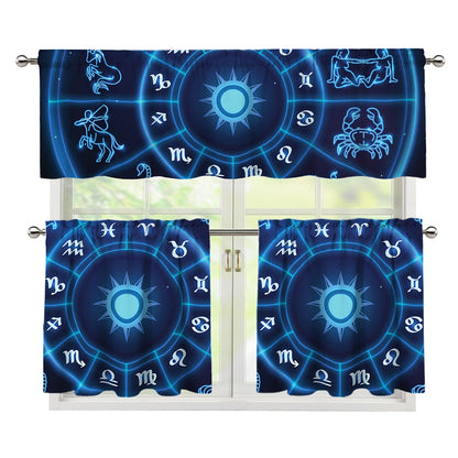 Blue Light Zodiac Circle Print 3 Piece Kitchen Curtains