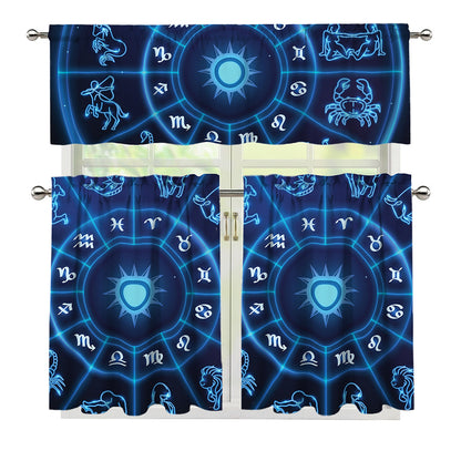 Blue Light Zodiac Circle Print 3 Piece Kitchen Curtains