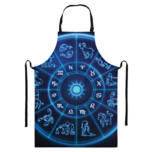 Blue Light Zodiac Circle Print Bib Apron With Pocket