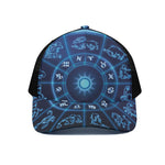 Blue Light Zodiac Circle Print Black Mesh Trucker Cap