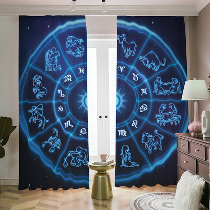 Blue Light Zodiac Circle Print Blackout Pencil Pleat Curtains