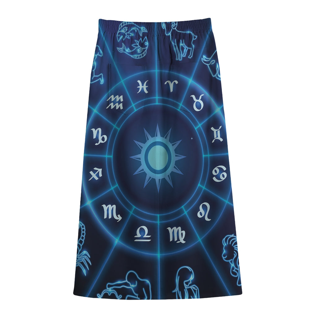Blue Light Zodiac Circle Print Cotton Front Slit Maxi Skirt