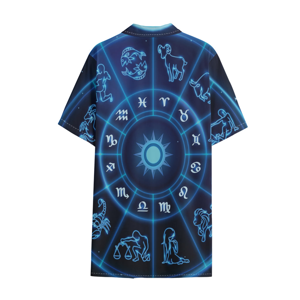 Blue Light Zodiac Circle Print Cotton Hawaiian Shirt