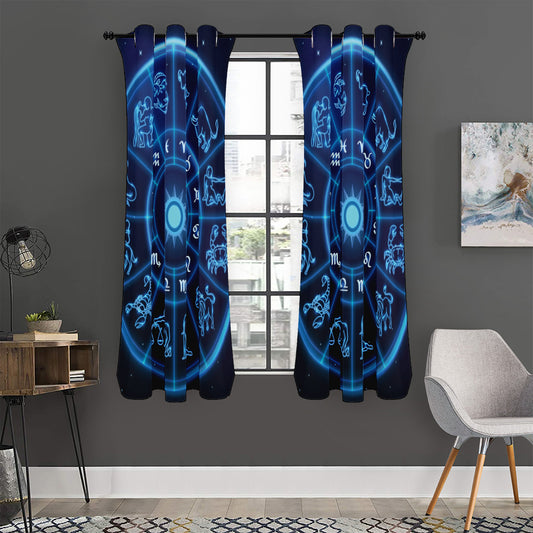 Blue Light Zodiac Circle Print Curtain