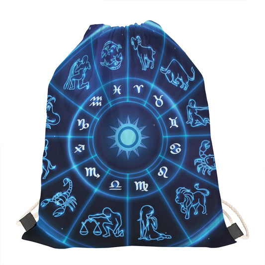 Blue Light Zodiac Circle Print Drawstring Bag