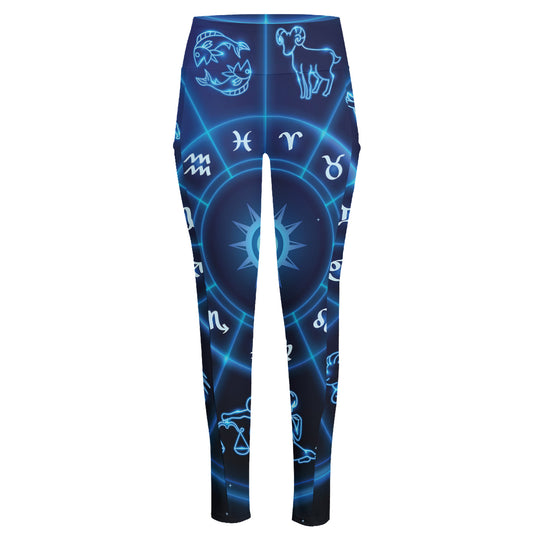Blue Light Zodiac Circle Print High-Waisted Pocket Leggings