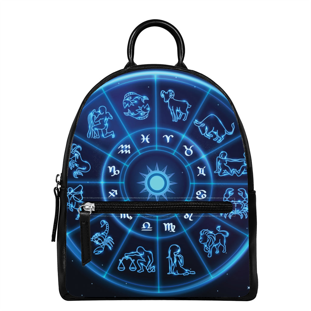 Blue Light Zodiac Circle Print Leather Backpack