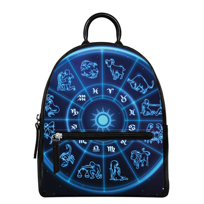 Blue Light Zodiac Circle Print Leather Backpack