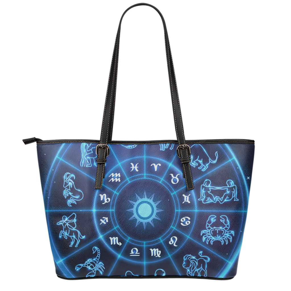 Blue Light Zodiac Circle Print Leather Tote Bag