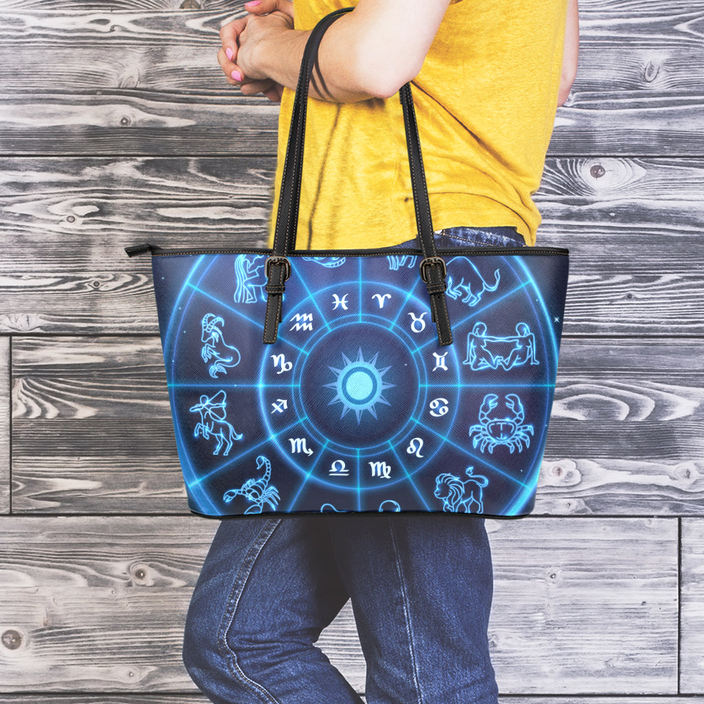 Blue Light Zodiac Circle Print Leather Tote Bag