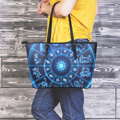 Blue Light Zodiac Circle Print Leather Tote Bag