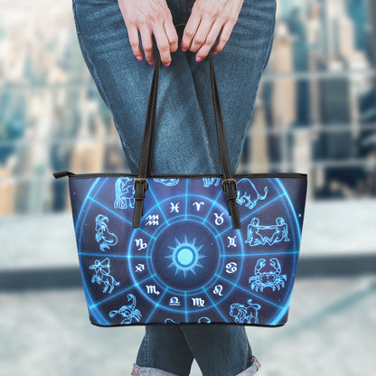 Blue Light Zodiac Circle Print Leather Tote Bag
