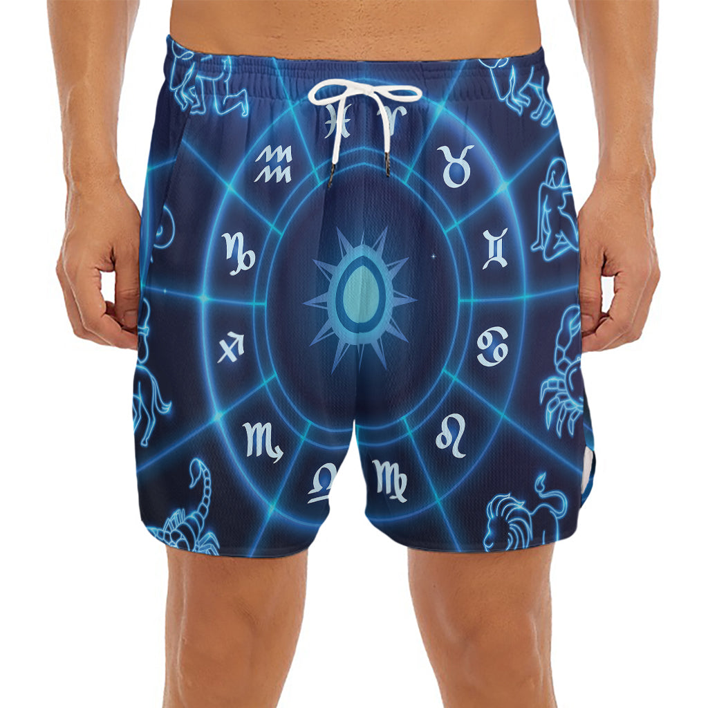 Blue Light Zodiac Circle Print Men's Split Running Shorts
