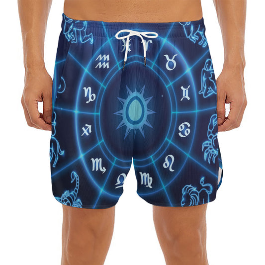 Blue Light Zodiac Circle Print Men's Split Running Shorts