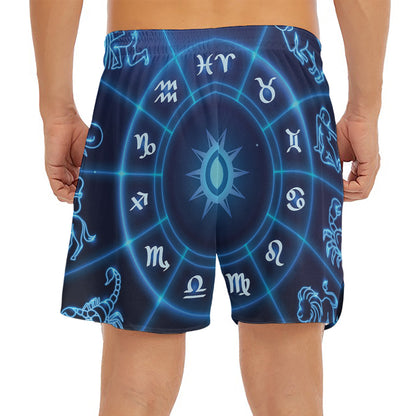 Blue Light Zodiac Circle Print Men's Split Running Shorts