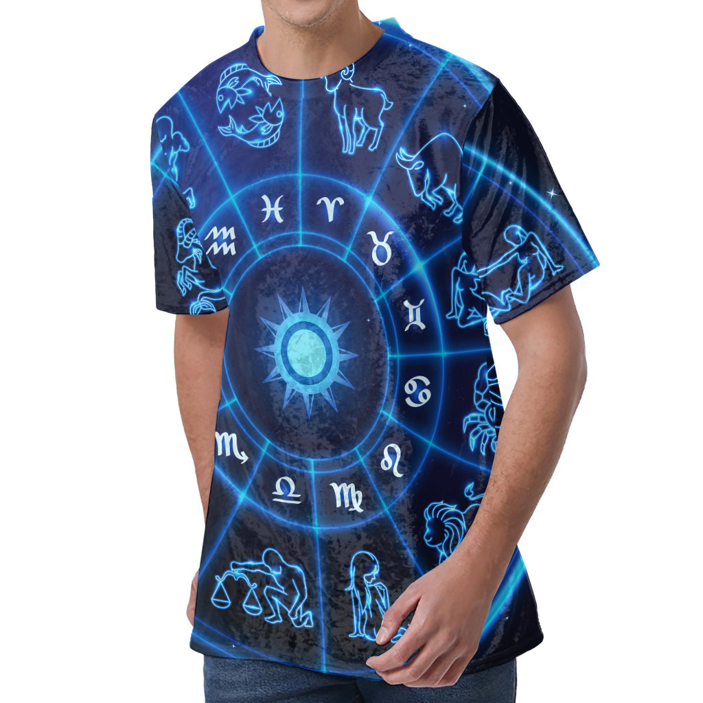 Blue Light Zodiac Circle Print Men's Velvet T-Shirt