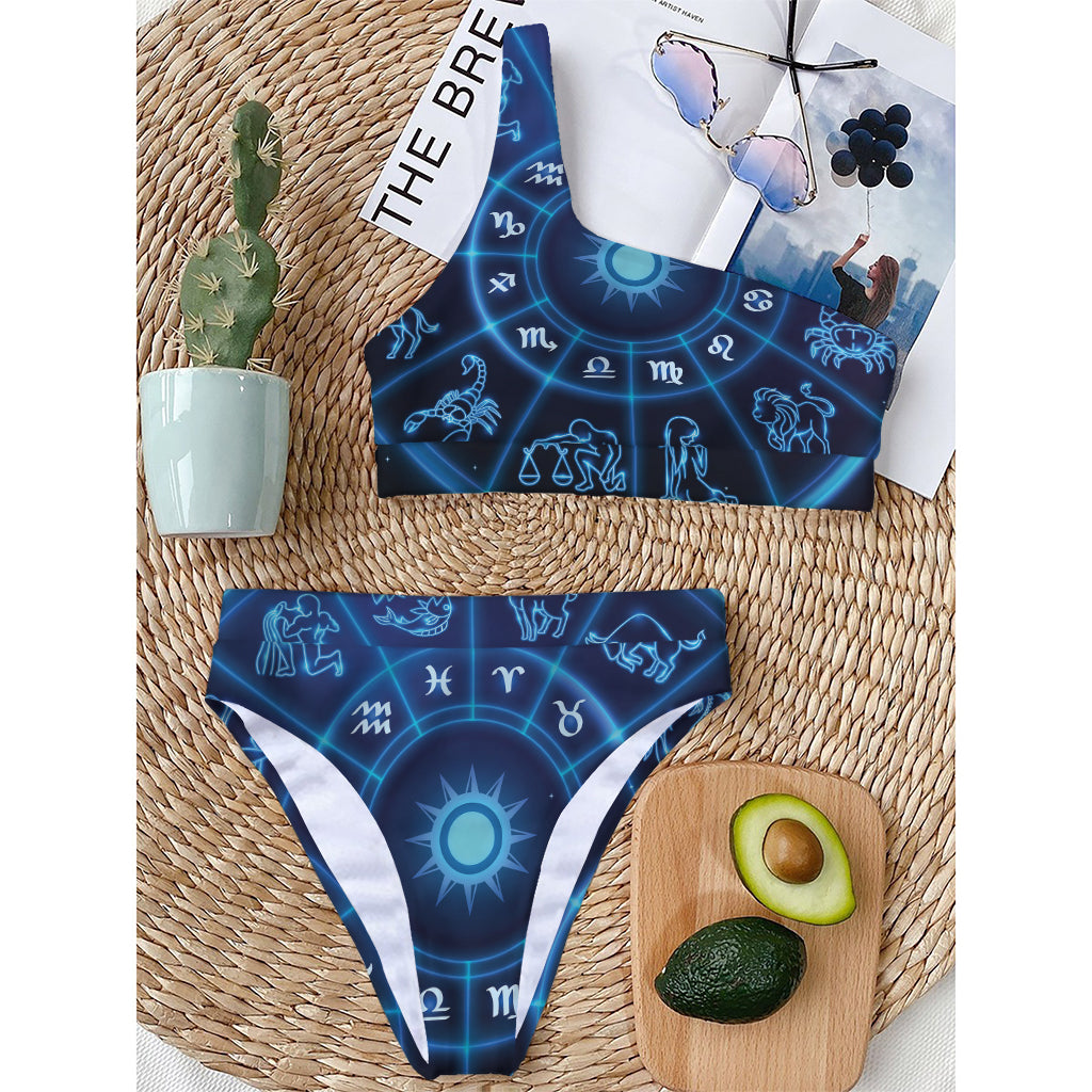 Blue Light Zodiac Circle Print One Shoulder Bikini Top