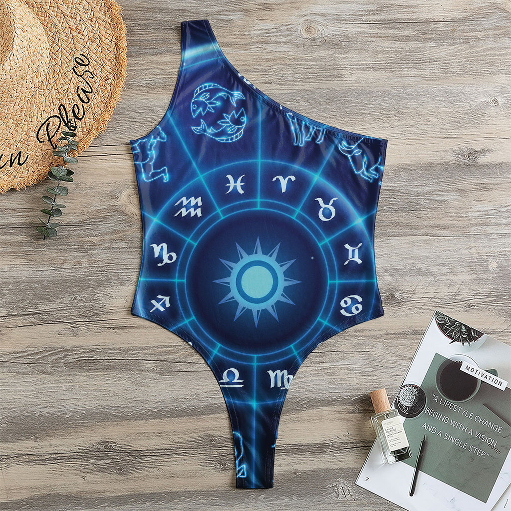 Blue Light Zodiac Circle Print One Shoulder Bodysuit