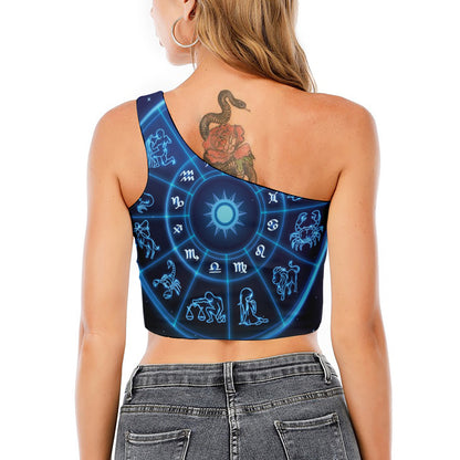 Blue Light Zodiac Circle Print One Shoulder Crop Top