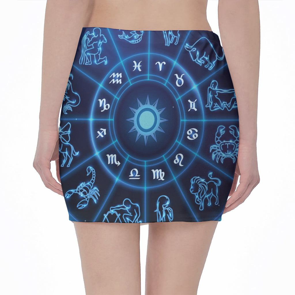Blue Light Zodiac Circle Print Pencil Mini Skirt