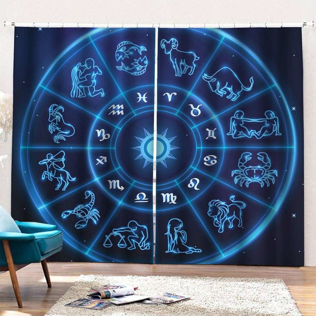 Blue Light Zodiac Circle Print Pencil Pleat Curtains