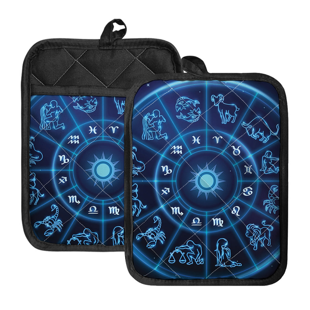 Blue Light Zodiac Circle Print Pot Holders With Pocket