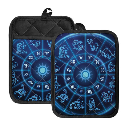 Blue Light Zodiac Circle Print Pot Holders With Pocket