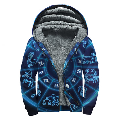 Blue Light Zodiac Circle Print Sherpa Lined Zip Up Hoodie