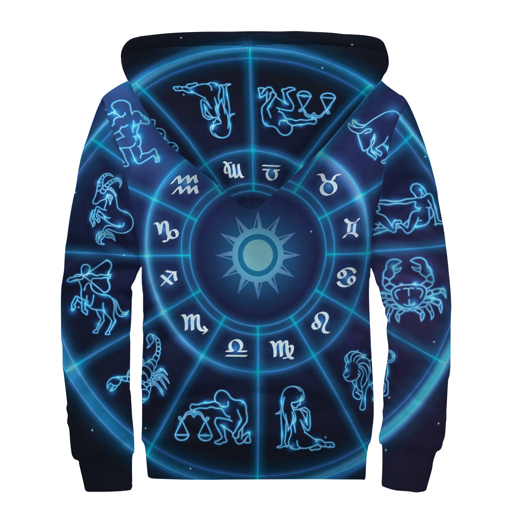 Blue Light Zodiac Circle Print Sherpa Lined Zip Up Hoodie