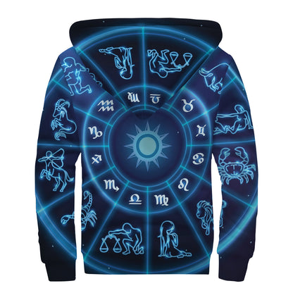 Blue Light Zodiac Circle Print Sherpa Lined Zip Up Hoodie