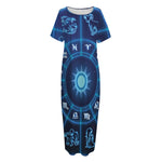 Blue Light Zodiac Circle Print Short Sleeve Long Nightdress