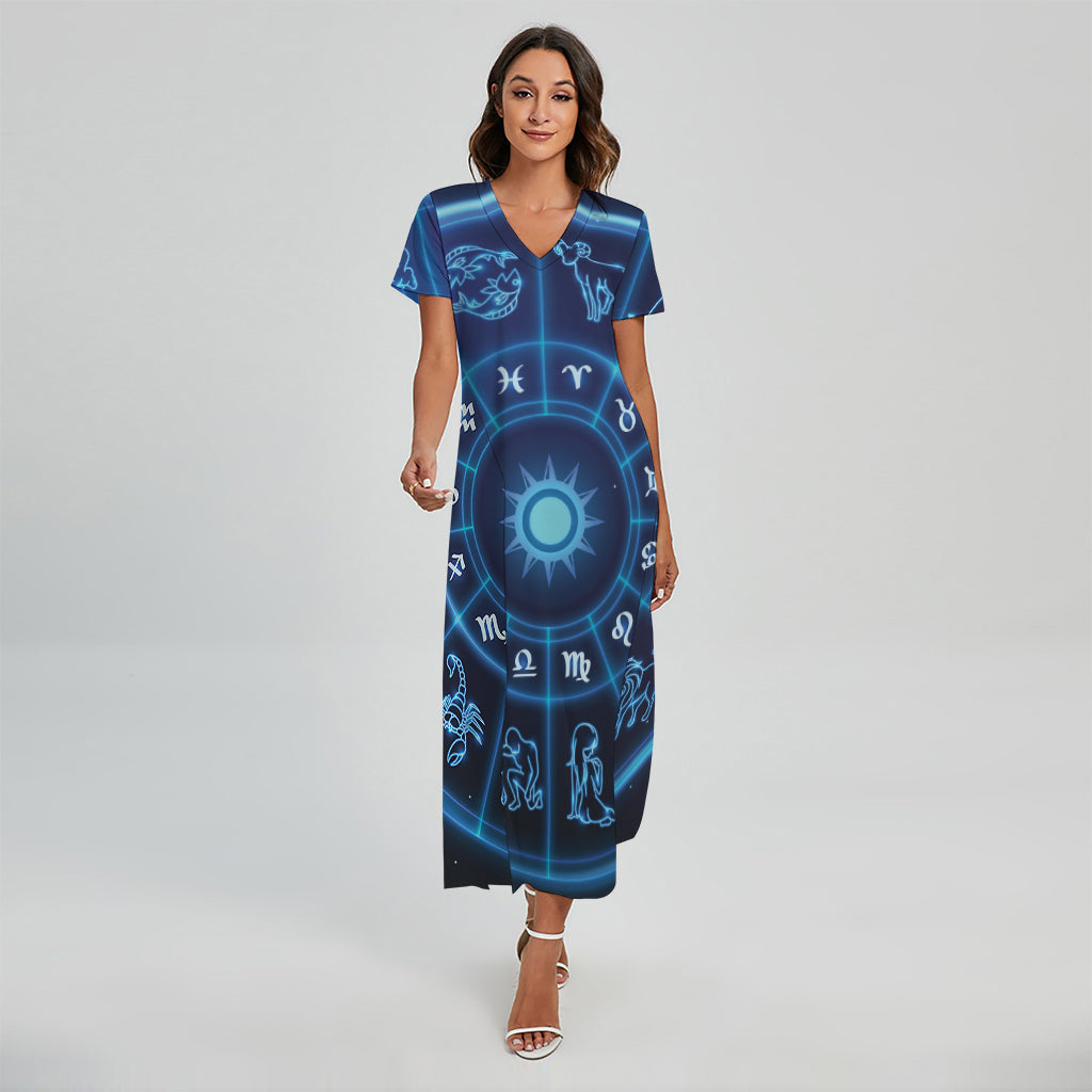 Blue Light Zodiac Circle Print Short Sleeve Maxi Dress