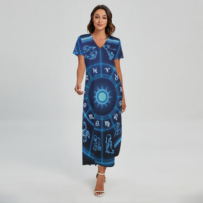 Blue Light Zodiac Circle Print Short Sleeve Maxi Dress