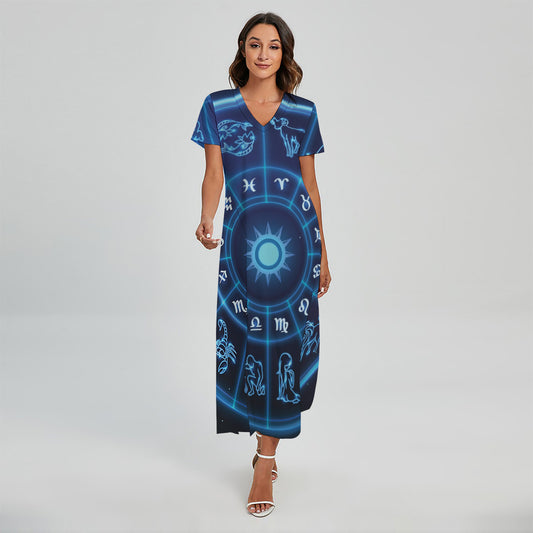 Blue Light Zodiac Circle Print Short Sleeve Maxi Dress