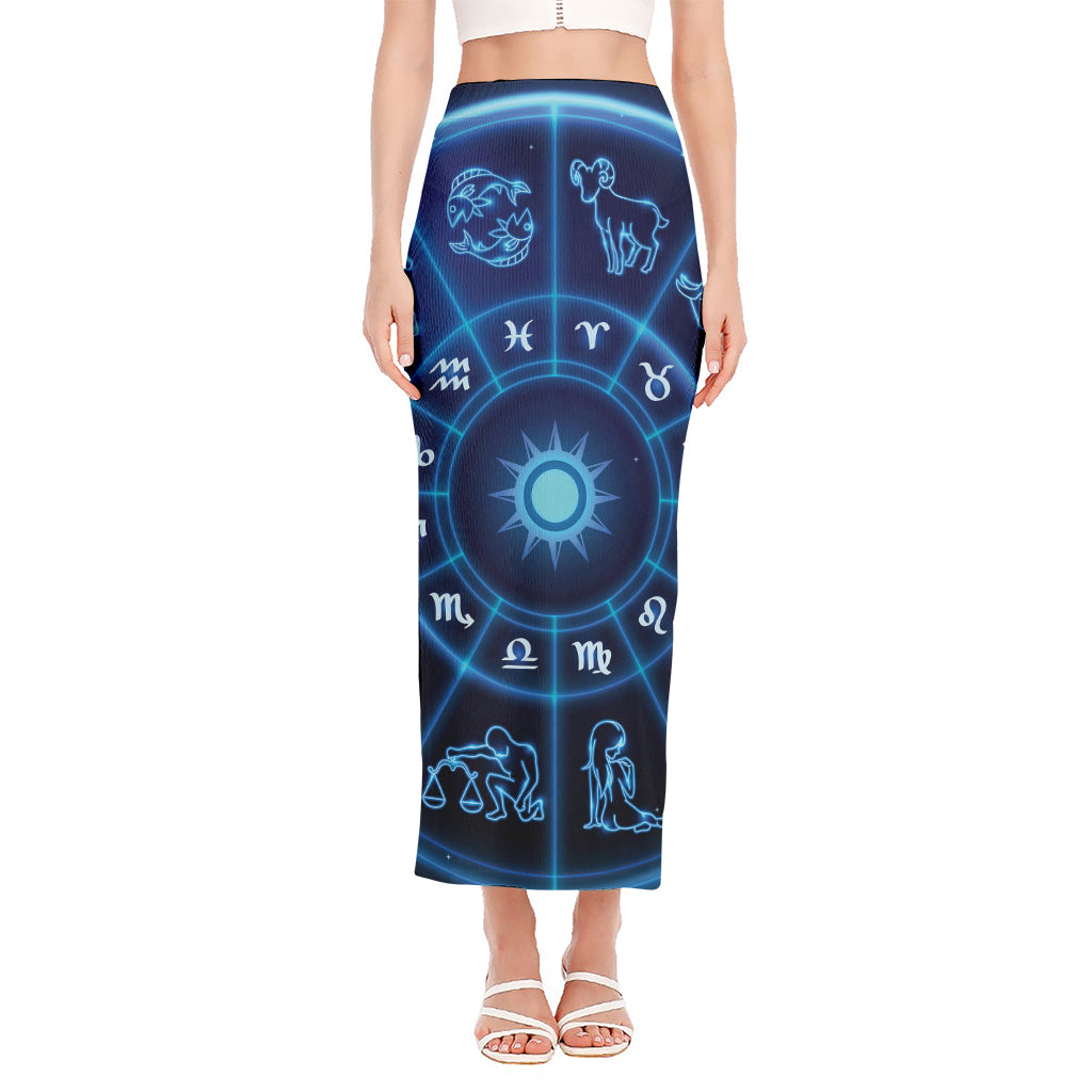 Blue Light Zodiac Circle Print Side Slit Maxi Skirt