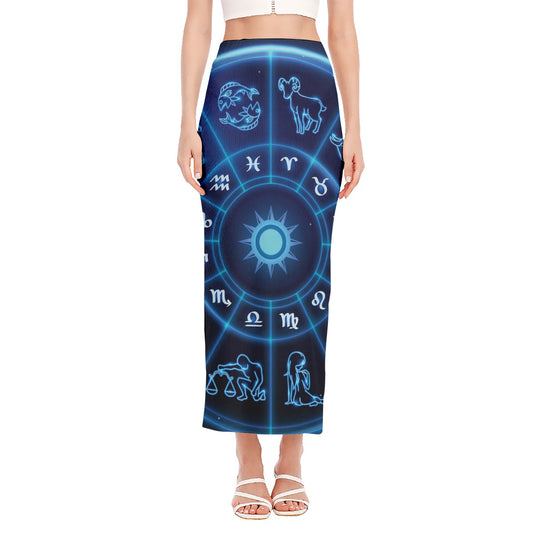 Blue Light Zodiac Circle Print Side Slit Maxi Skirt