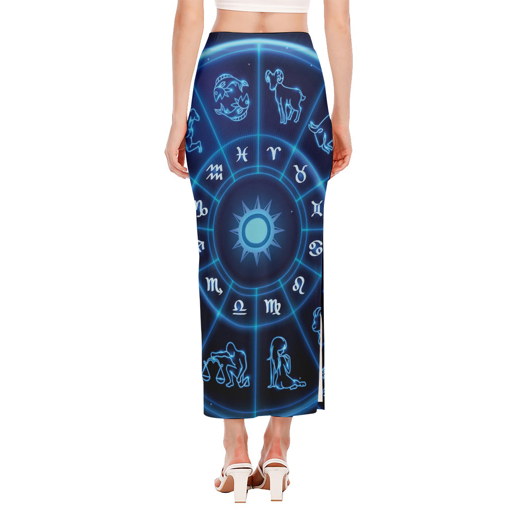 Blue Light Zodiac Circle Print Side Slit Maxi Skirt