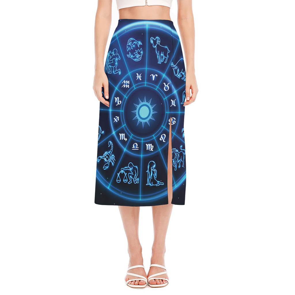 Blue Light Zodiac Circle Print Side Slit Midi Skirt