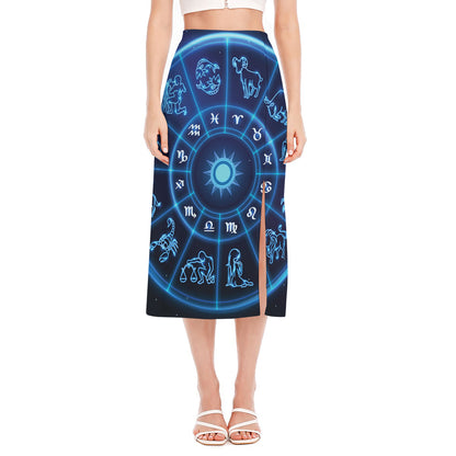 Blue Light Zodiac Circle Print Side Slit Midi Skirt