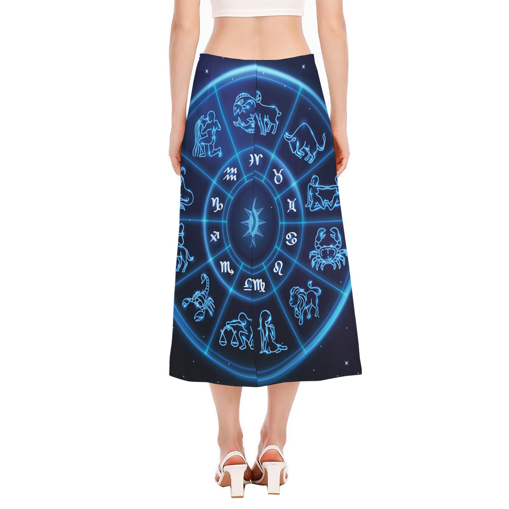 Blue Light Zodiac Circle Print Side Slit Midi Skirt