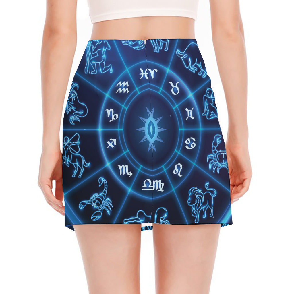 Blue Light Zodiac Circle Print Side Slit Mini Skirt