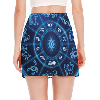Blue Light Zodiac Circle Print Side Slit Mini Skirt