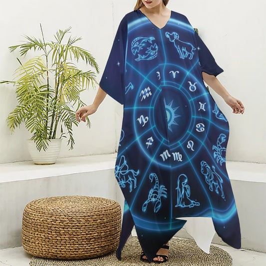 Blue Light Zodiac Circle Print Silk V-Neck Kaftan Dress
