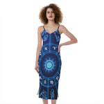 Blue Light Zodiac Circle Print Slim Fit Midi Cami Dress
